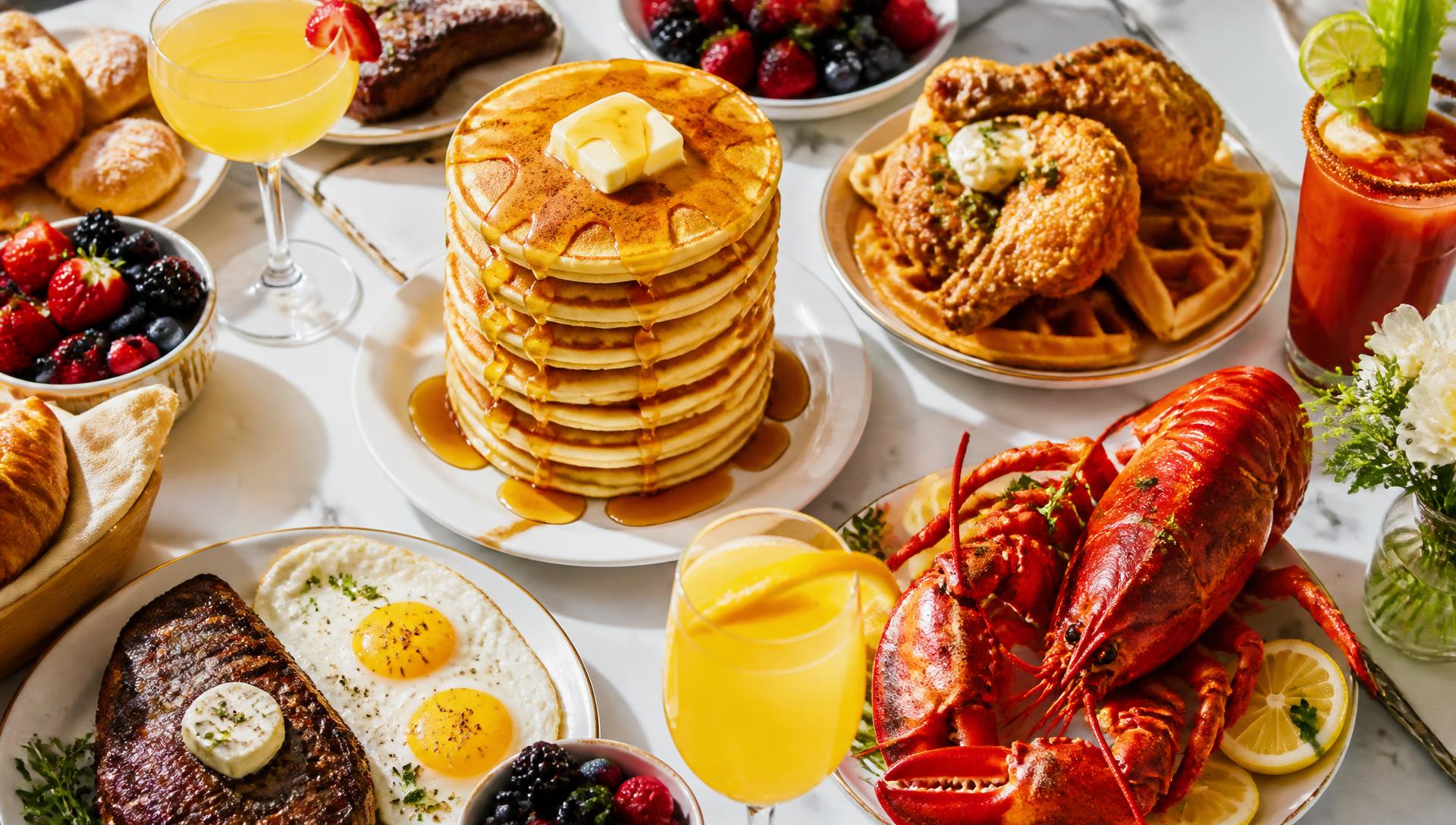 Close-up overhead spread of festival brunch dishes: pancakes with syrup, chicken and waffles, steak and eggs, lobster and mimosas
