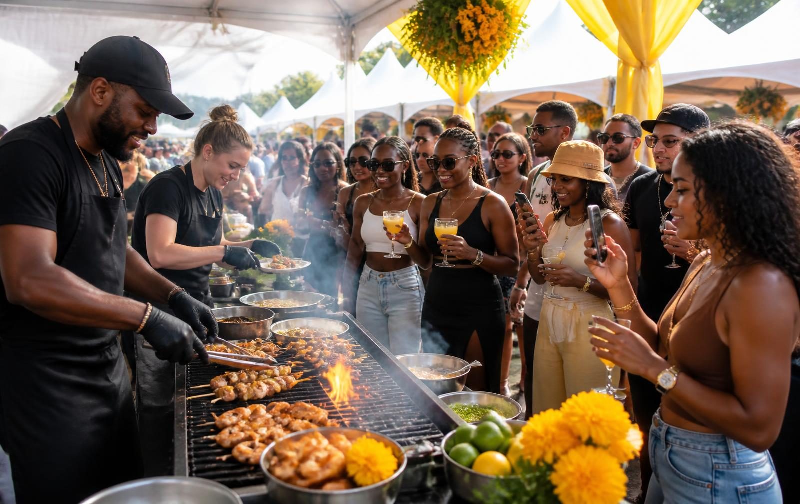 Chefs grilling shrimp skewers over open flame at a festival cooking station while a crowd watches with cocktails and phones