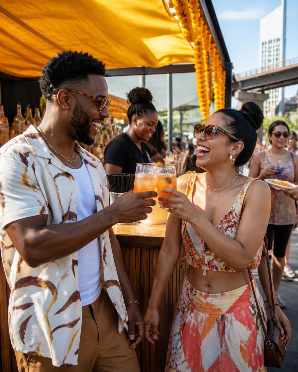 Two friends toasting orange spritz cocktails at an outdoor festival bar under a marigold canopy