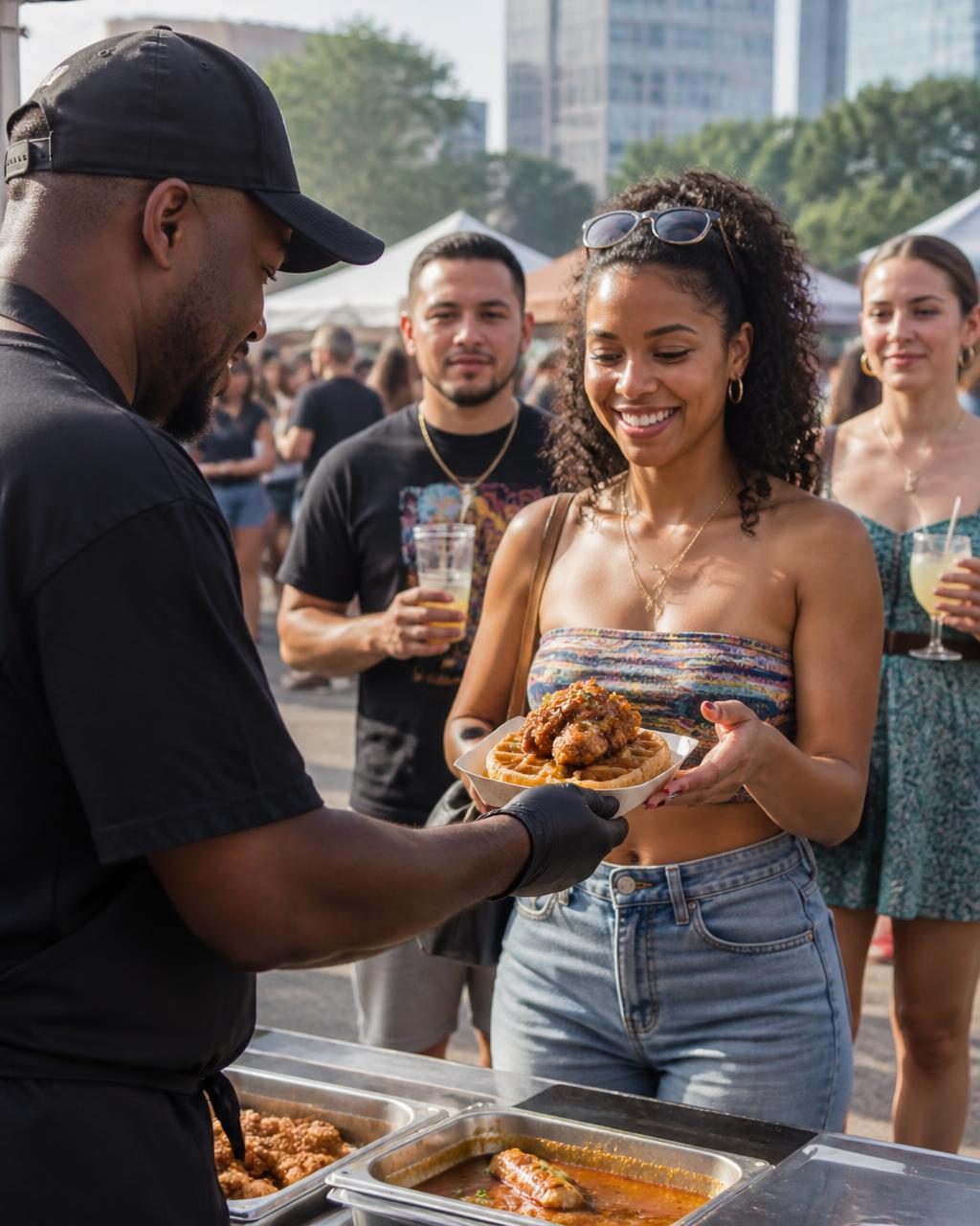 Chef at an outdoor festival booth handing chicken and waffles to a smiling guest while friends wait with cocktails