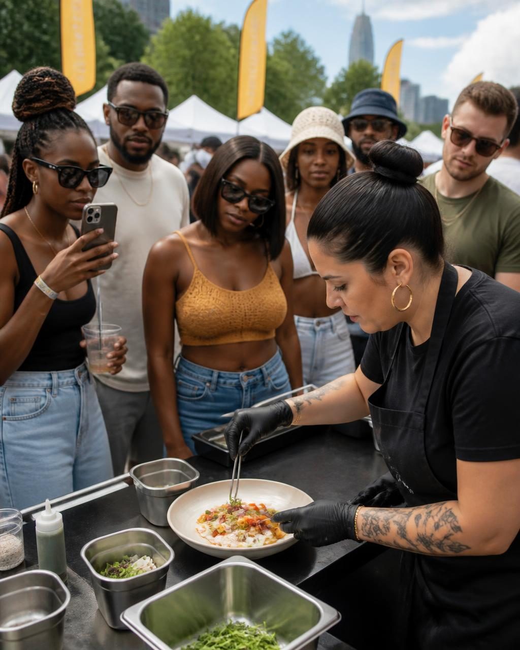 Chef plating a dish at a live outdoor cooking station as festival guests watch