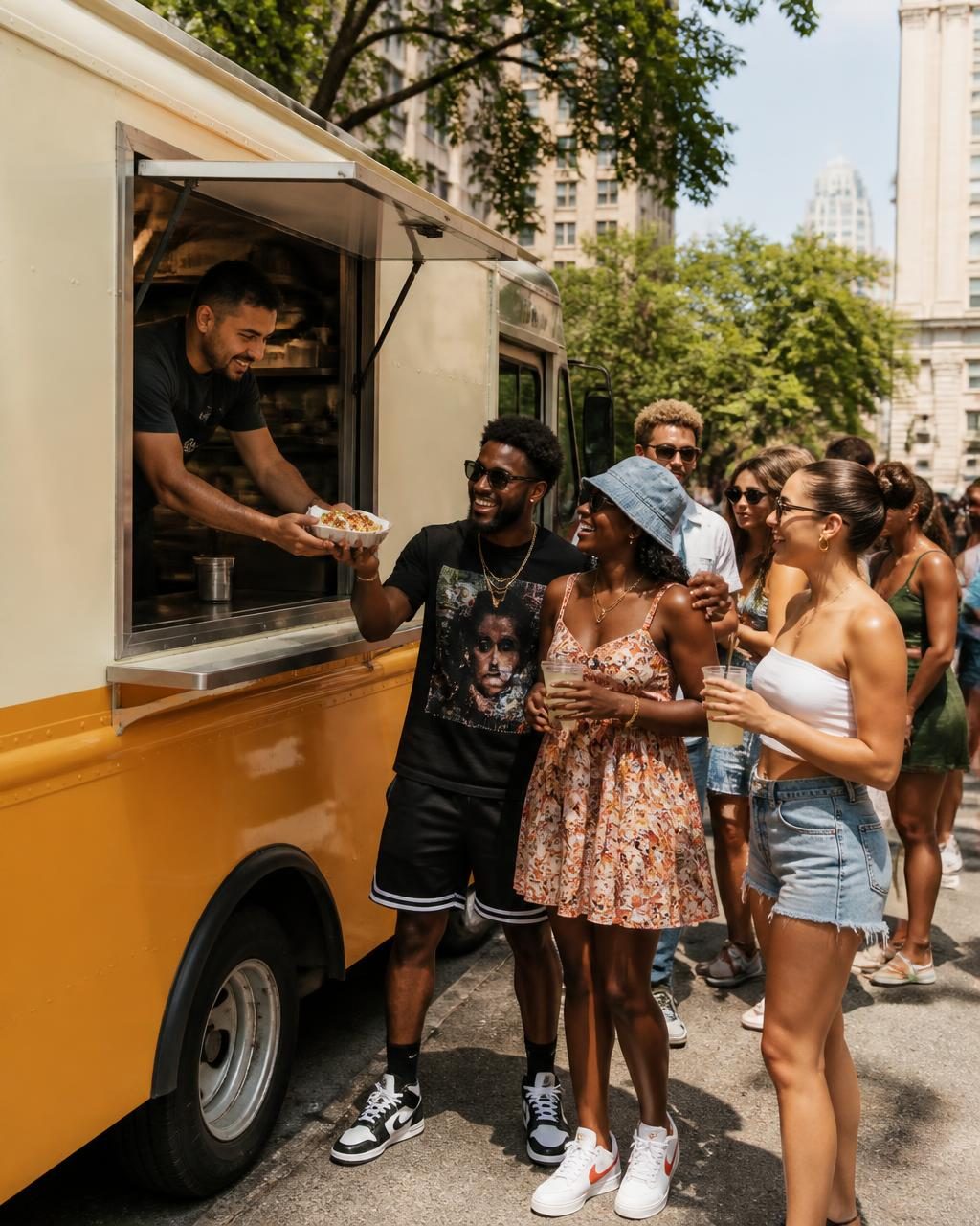 Friends collecting loaded tacos from the window of a yellow food truck at a NYC festival