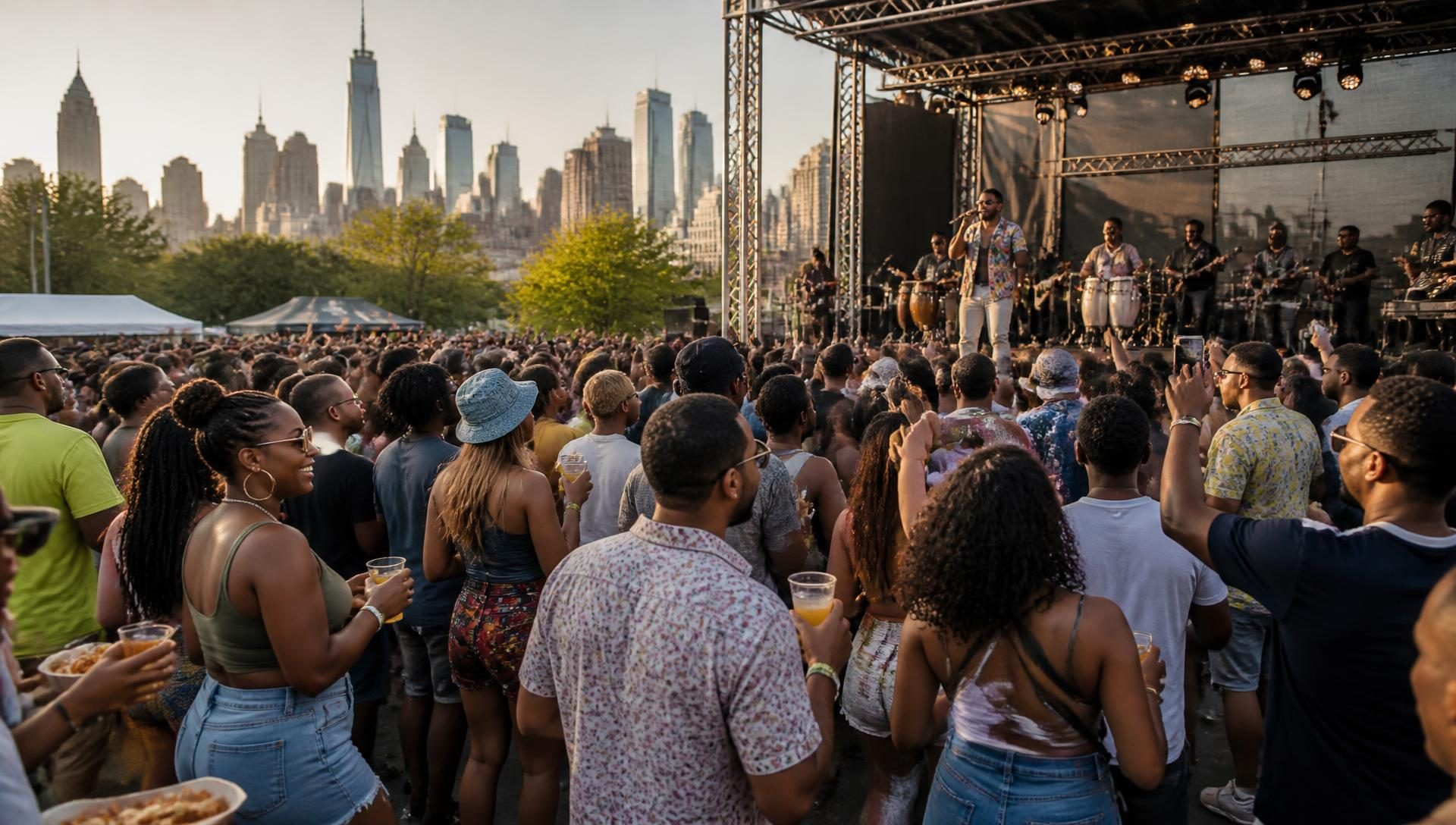 Singer and live band performing on an outdoor festival stage at golden hour to a dense crowd holding cocktails and food, Manhattan skyline behind